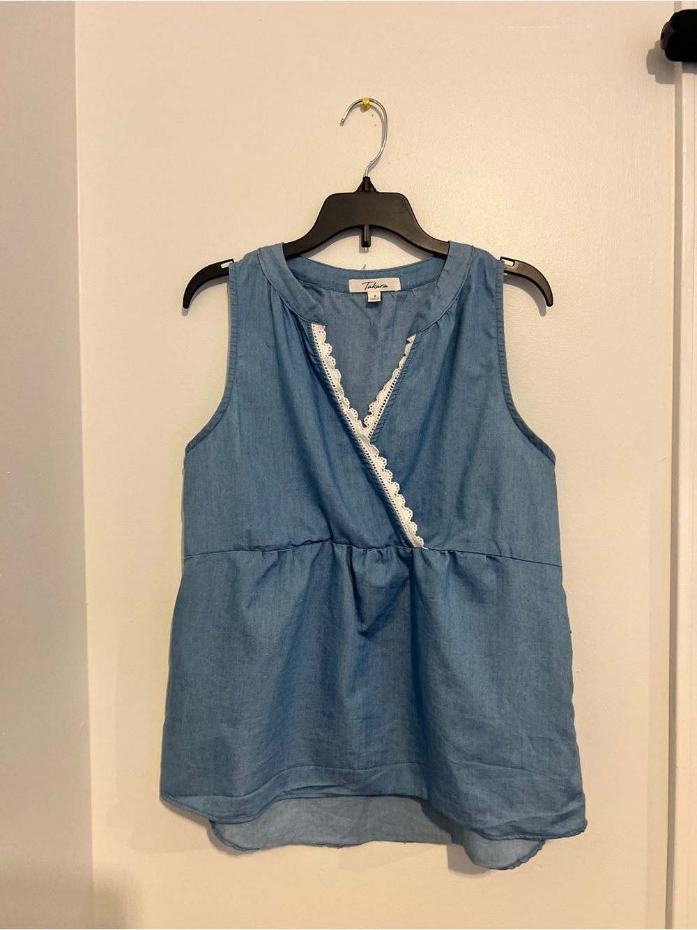 Takara Chambray Sleeveless Wrap-Front Tank with White Lace Trim